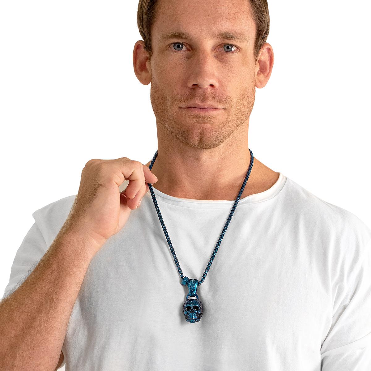 Stainless Steel 35mm Skull Necklace on 28 Inch 5mm Box Chain