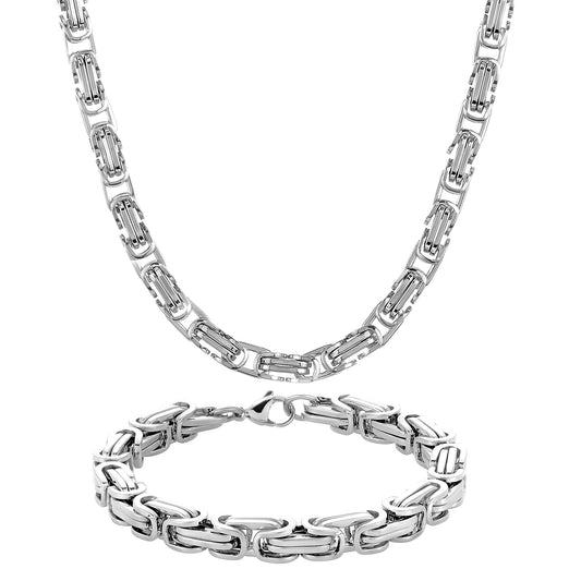 Men's Byzantine Chain Necklace (24") and Bracelet (9") Steel Set - (9mm)