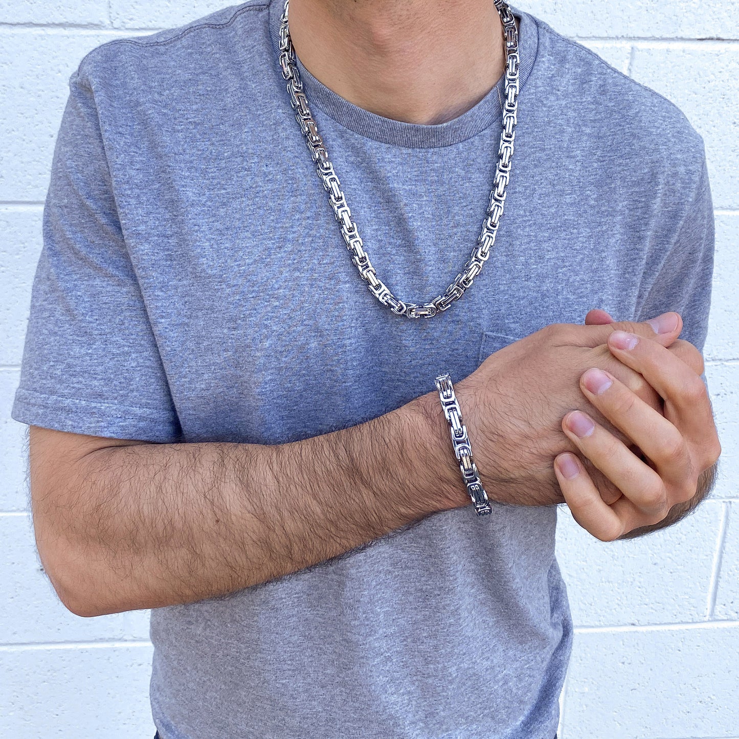 Men's Byzantine Chain Necklace (24") and Bracelet (9") Steel Set - (9mm)