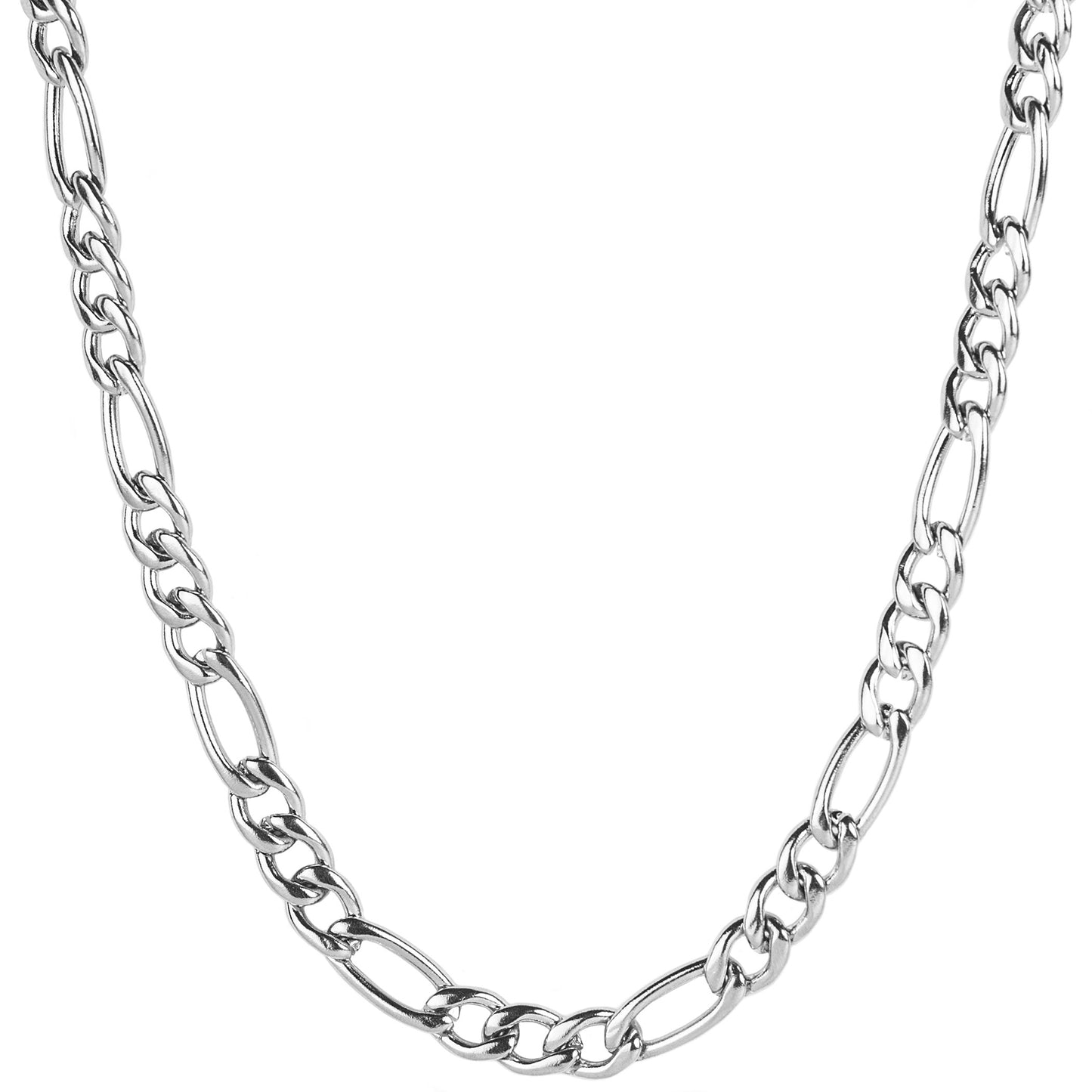 Men's Polished Figaro Chain Stainless Steel Necklace (7mm) - 24"