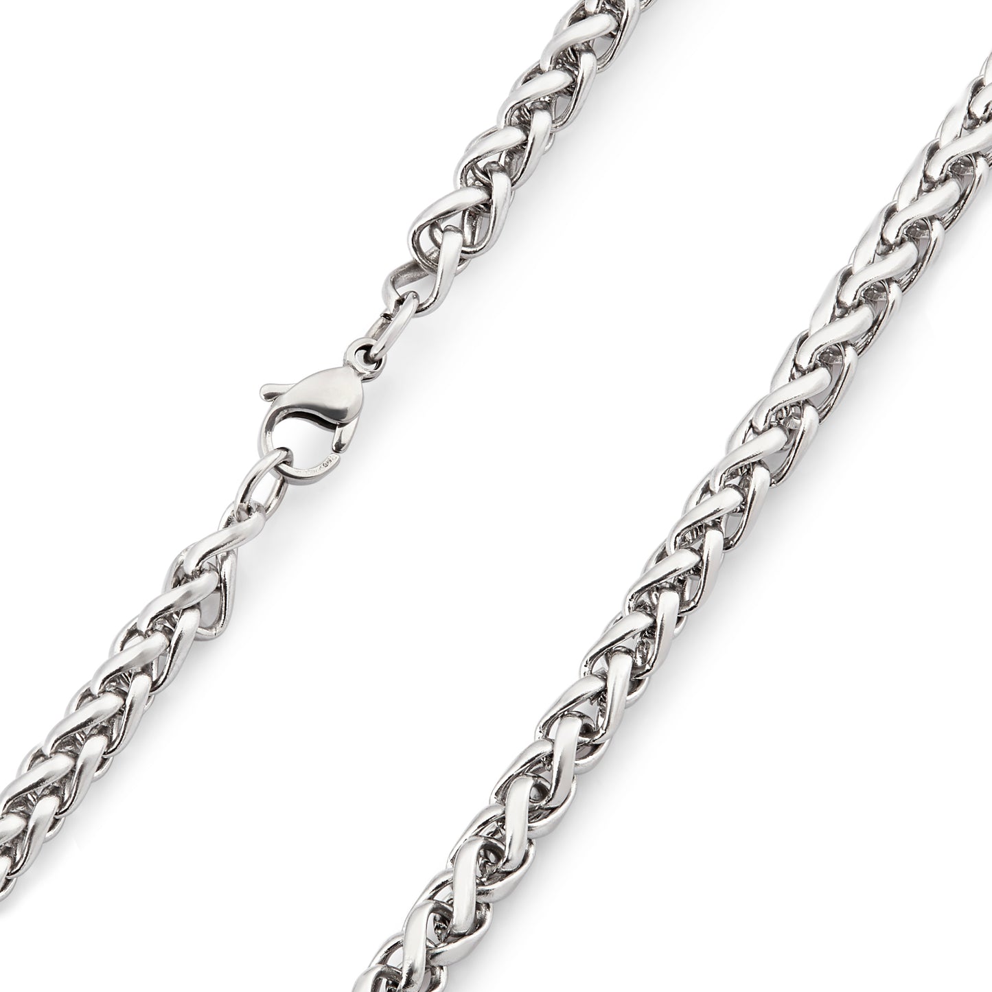 Men's Polished Spiga Wheat Chain Stainless Steel Necklace (5mm) - 24"
