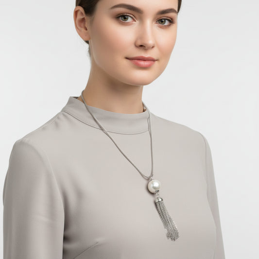 ELYA Women's Faux Pearl Stainless Steel Tassel Drop Necklace