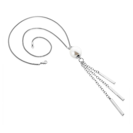 ELYA Women's Faux Pearl Stainless Steel Bar Tassel Drop Necklace