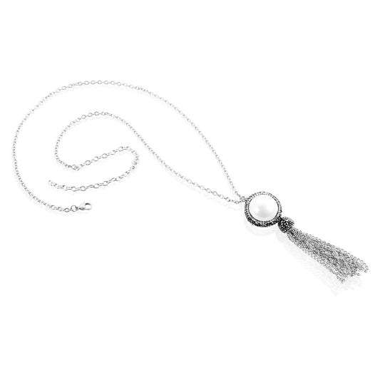ELYA Crystal Halo White Shell Bead Steel Tassel Necklace - 26"