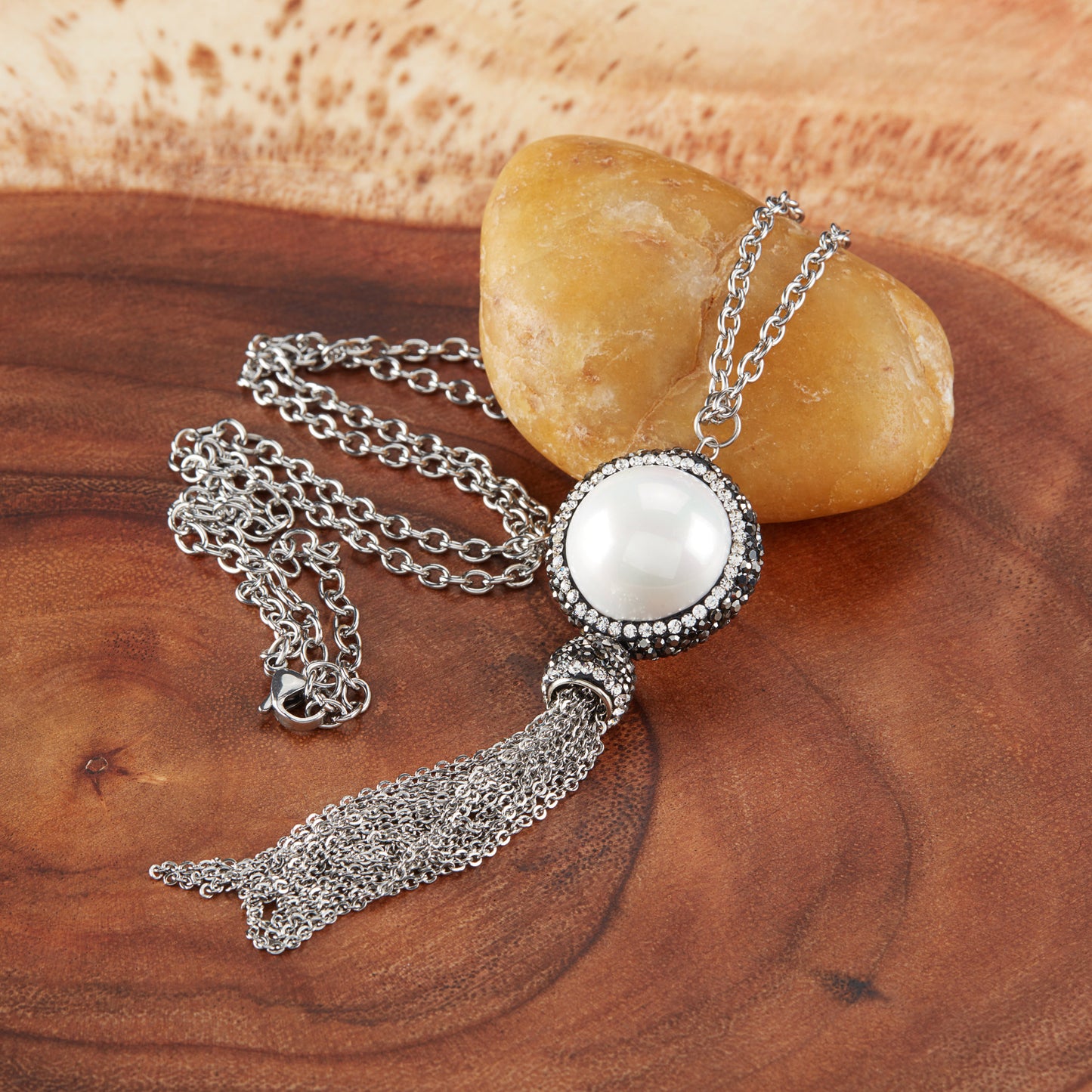 ELYA Crystal Halo White Shell Bead Steel Tassel Necklace - 26"