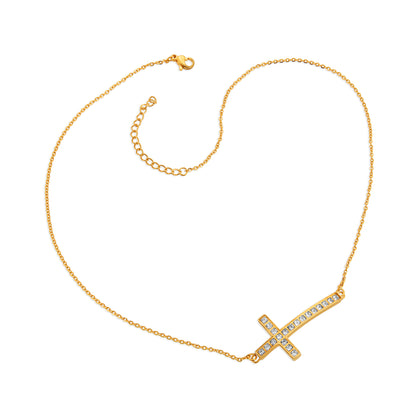 ELYA Women's Gold Plated Crystal Sideways Cross Stainless Steel Cable Chain Pendant Necklace