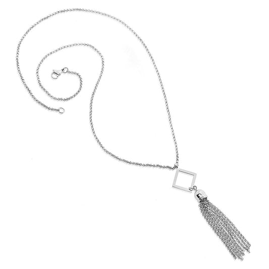 ELYA Polished Open-Diamond Shaped Steel Tassel Drop Necklace - 23"