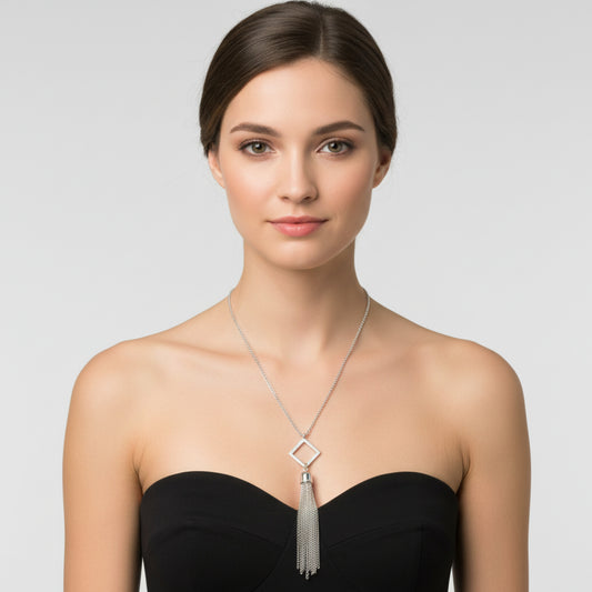 ELYA Polished Open-Diamond Shaped Steel Tassel Drop Necklace - 23"