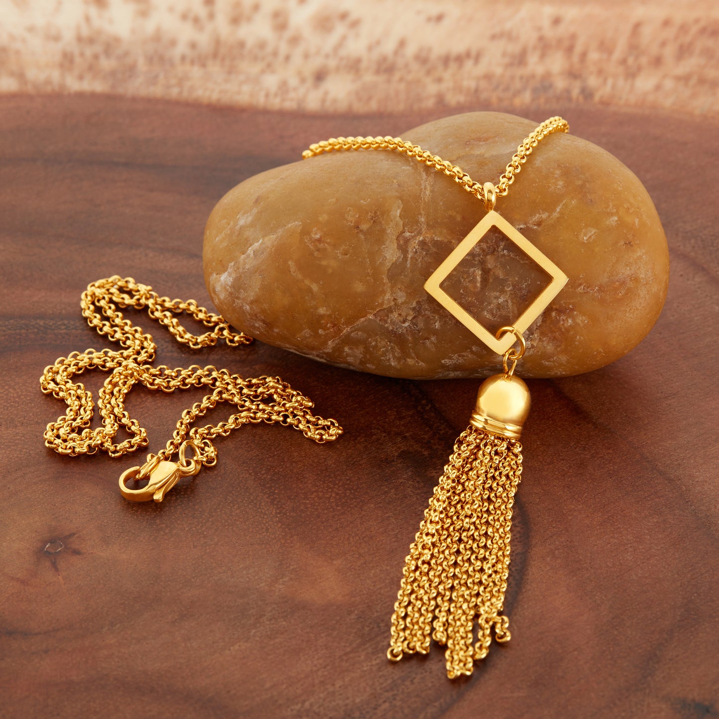 ELYA Polished Open-Diamond Shaped Steel Tassel Drop Necklace - 23"