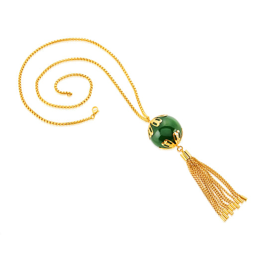 ELYA Women's Large Faux Green Jade Tassel Gold Plated Steel Necklace