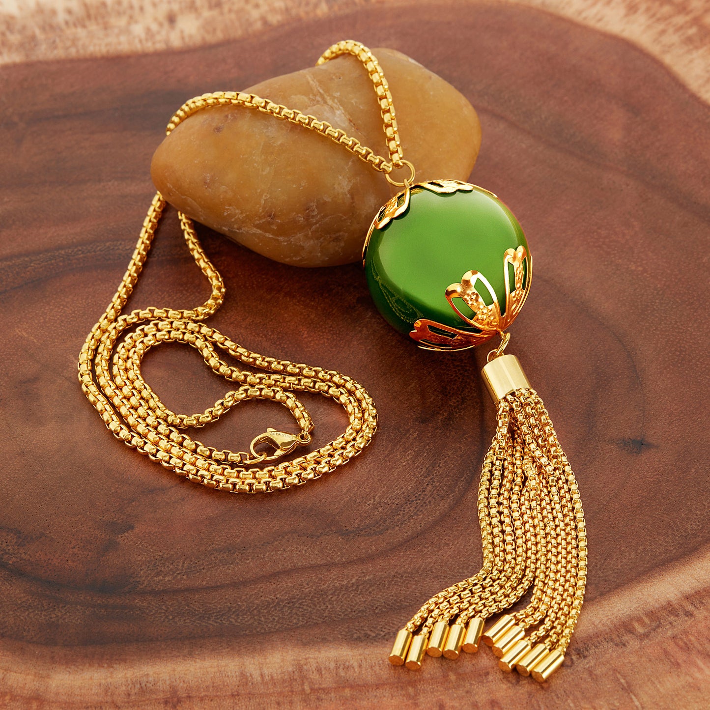 ELYA Women's Large Faux Green Jade Tassel Gold Plated Steel Necklace