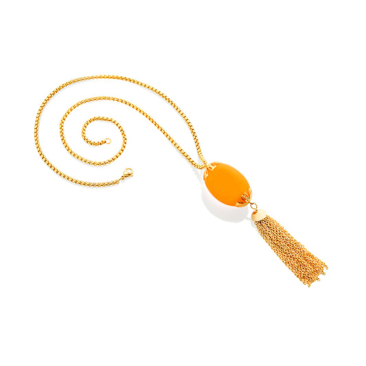 ELYA Women's Elongated Faux Orange Calcite Tassel Gold Plated Steel Necklace