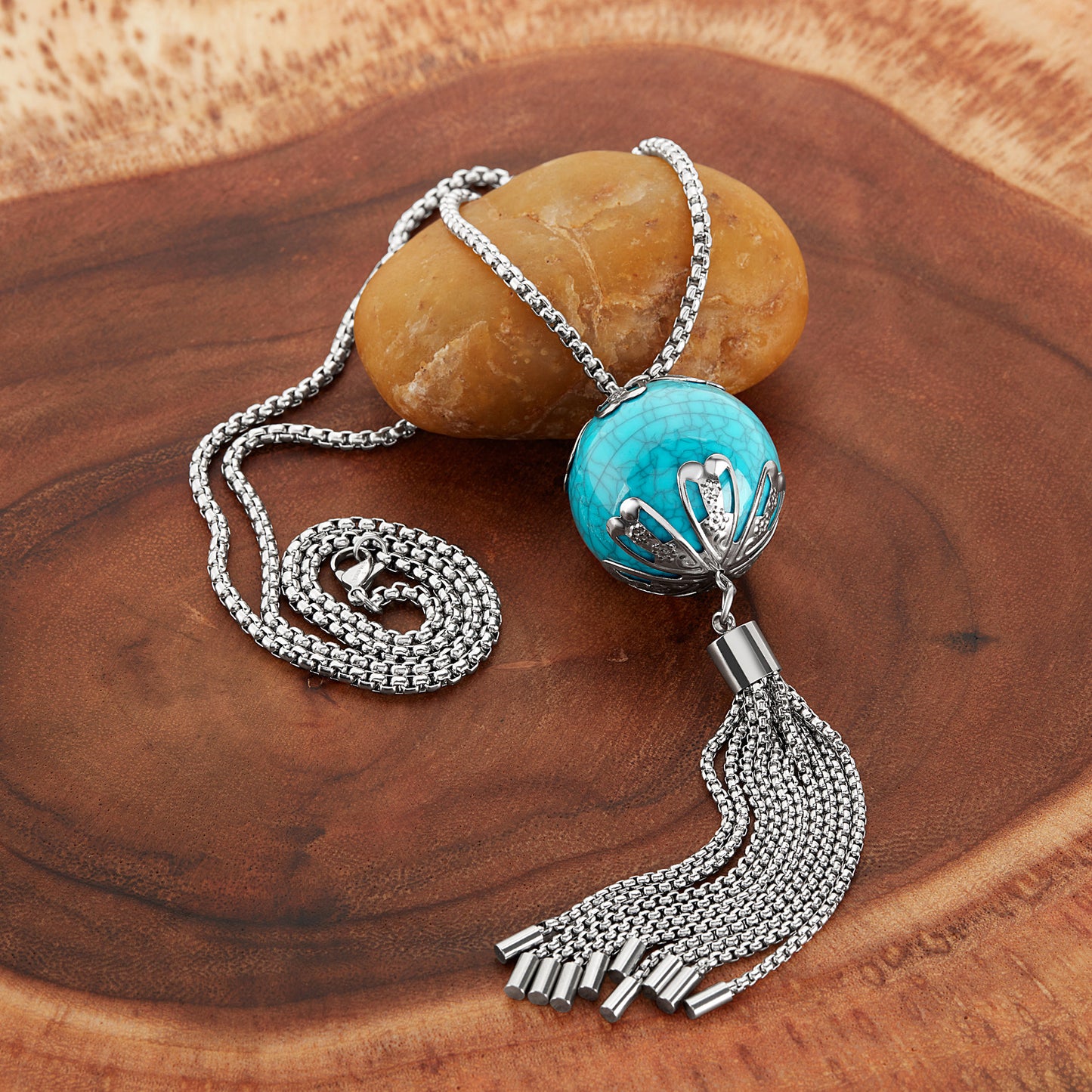 ELYA Women's Large Faux Turquoise Tassel Stainless Steel Necklace