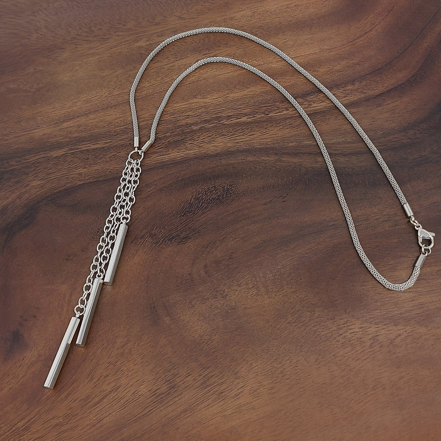 Women's Stainless Steel Lariat Necklace with Bar and Tassel Drop