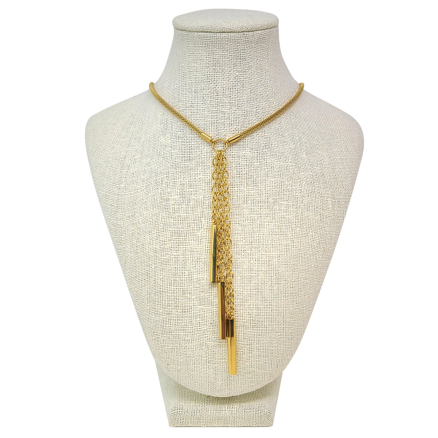 Women's Stainless Steel Lariat Necklace with Bar and Tassel Drop