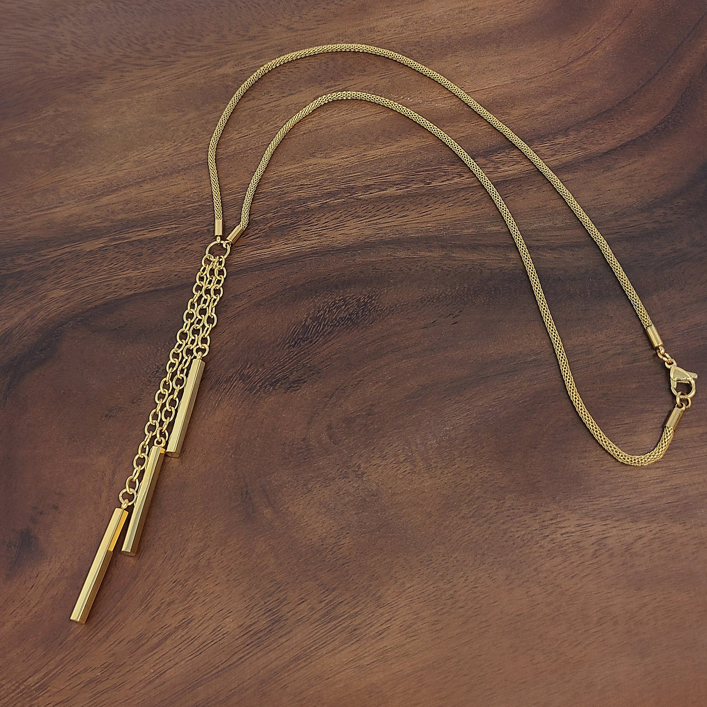 Women's Stainless Steel Lariat Necklace with Bar and Tassel Drop