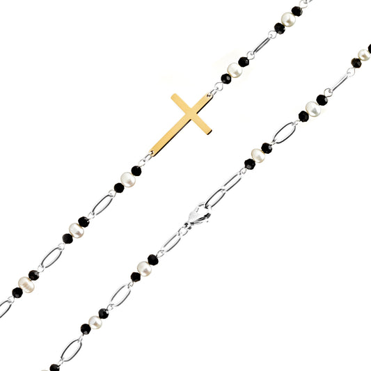 ELYA Polished Sideways Cross Freshwater Pearls and Agate Steel Necklace - 33"