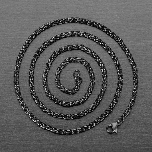 Men's Polished Spiga Wheat Chain Black Plated Steel Necklace (3mm) - 24"