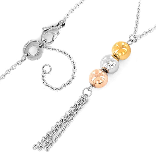 ELYA Polished Sphere with Cubic Zirconia Tassel Steel Necklace - 18"