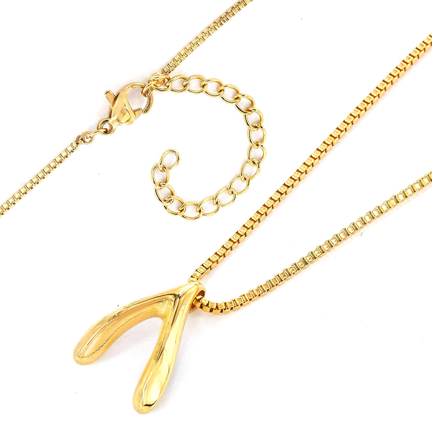 ELYA Polished Wishbone Earrings and Gold Plated Stainless Steel Necklace Set (1 mm) - 20"