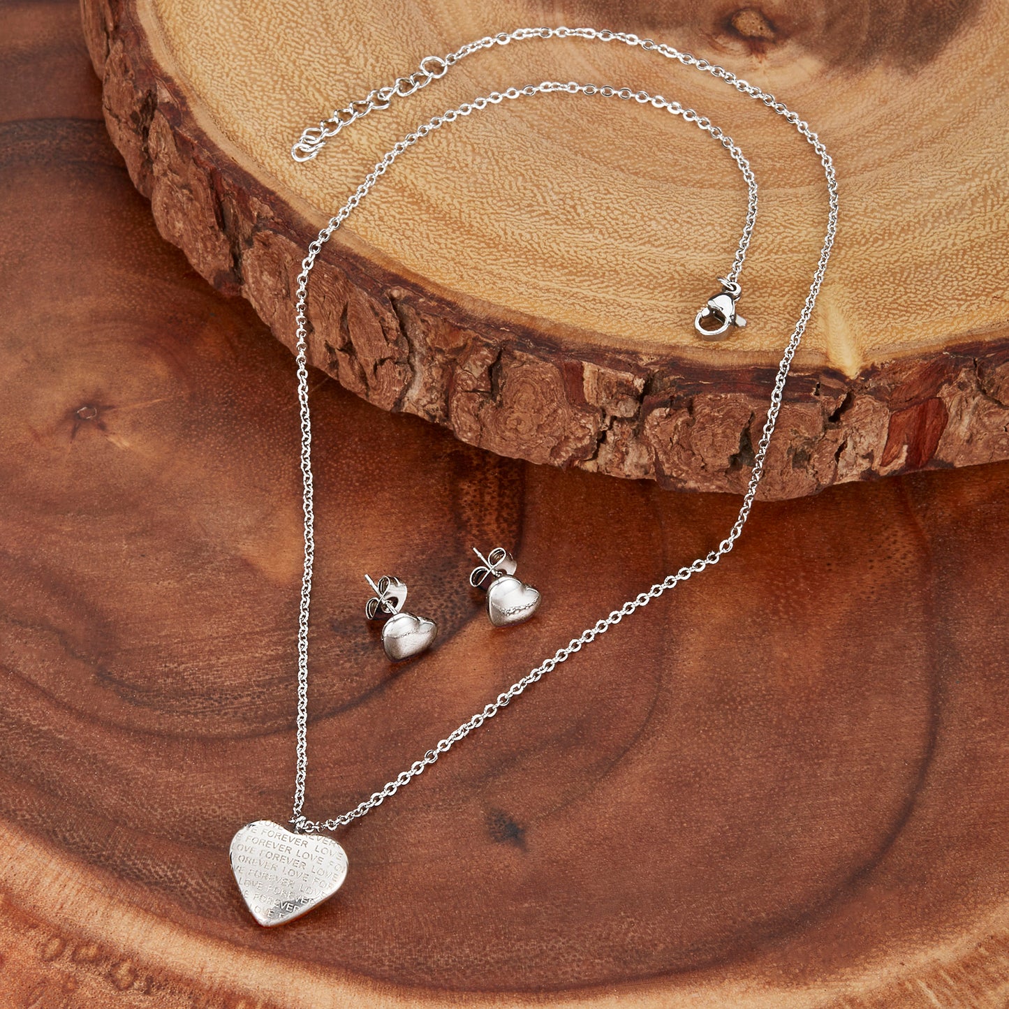ELYA Engraved Heart Shaped Necklace and Earrings Jewelry Set