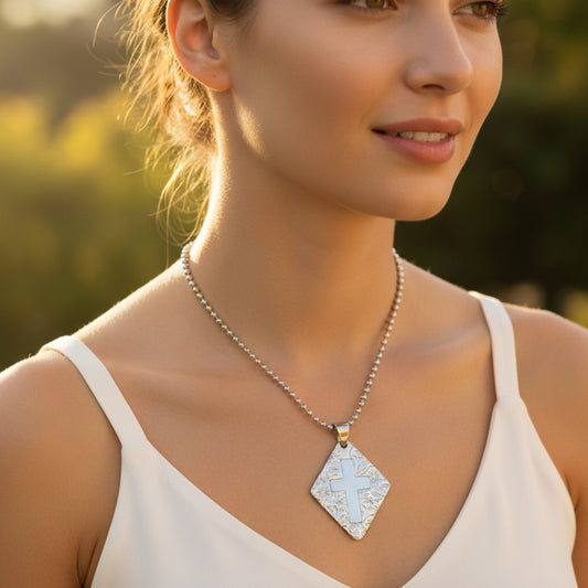 Women's Cross Diamond-Shaped Stainless Steel Necklace - 24"