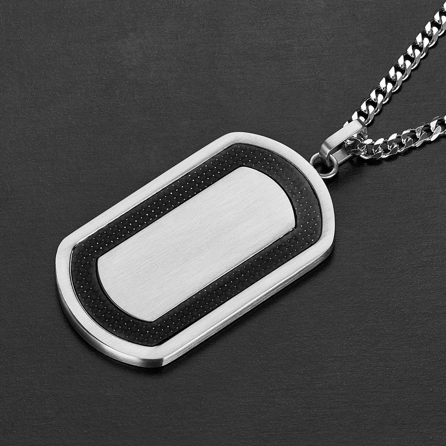 Men's Brushed Black Carbon Fiber Frame Stainless Steel Necklace - 24"