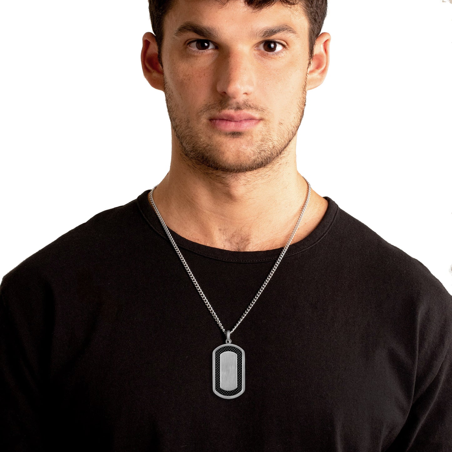 Men's Brushed Black Carbon Fiber Frame Stainless Steel Necklace - 24"