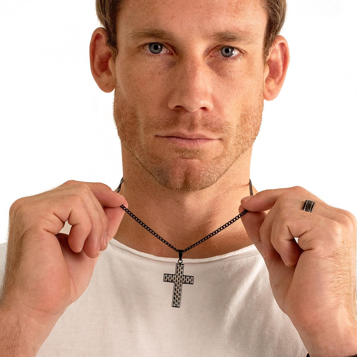 Crucible Textured Two Tone Stainless Steel Cross Pendant