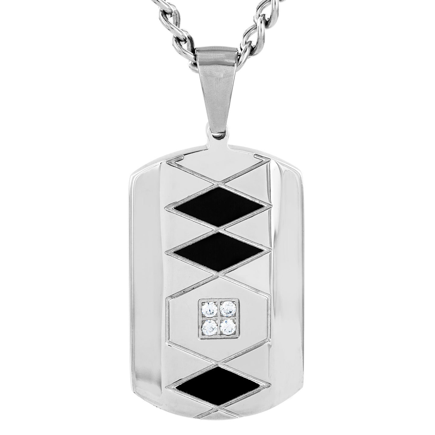 Men's Two-Tone Stainless Steel Grooved Cubic Zirconia Dog Tag Pendant Necklace - 24"