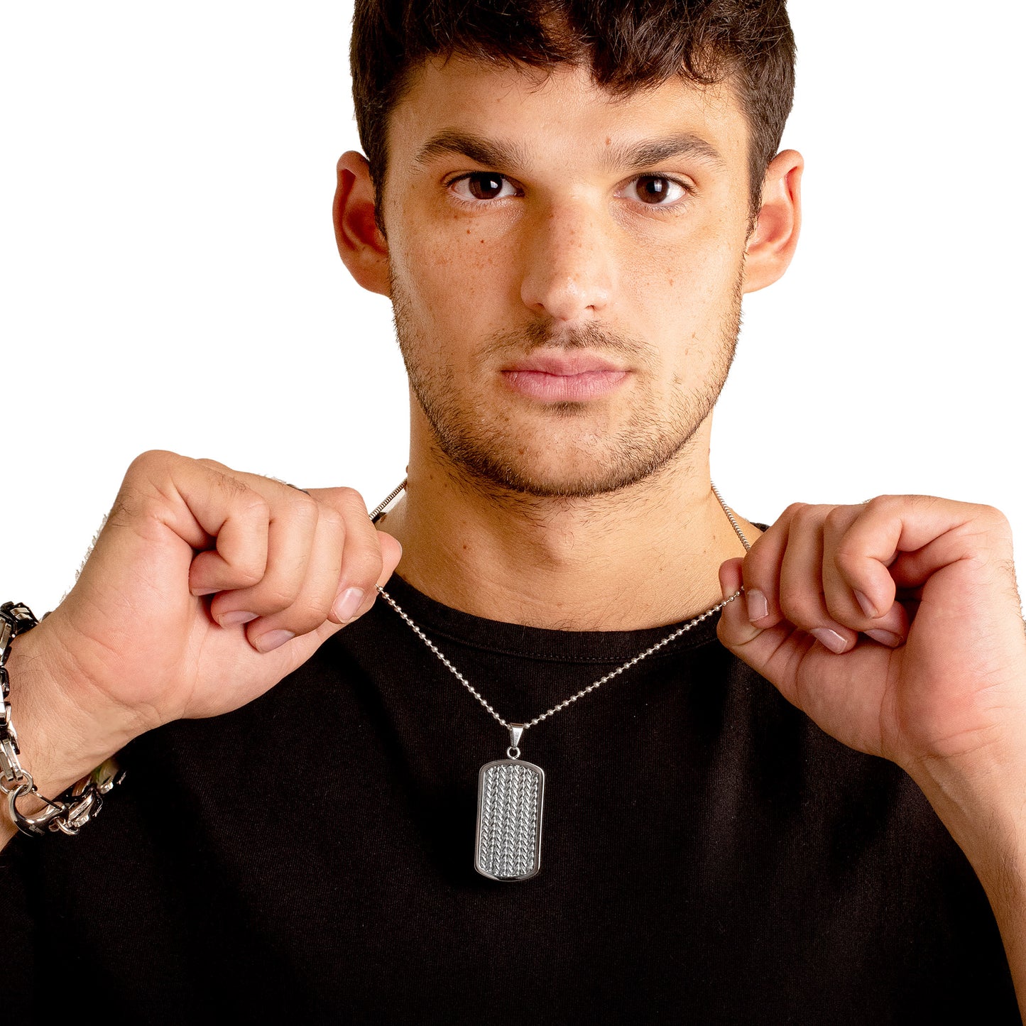 Men's Stainless Steel Cable Inlay Dog Tag Pendant Necklace - 24"