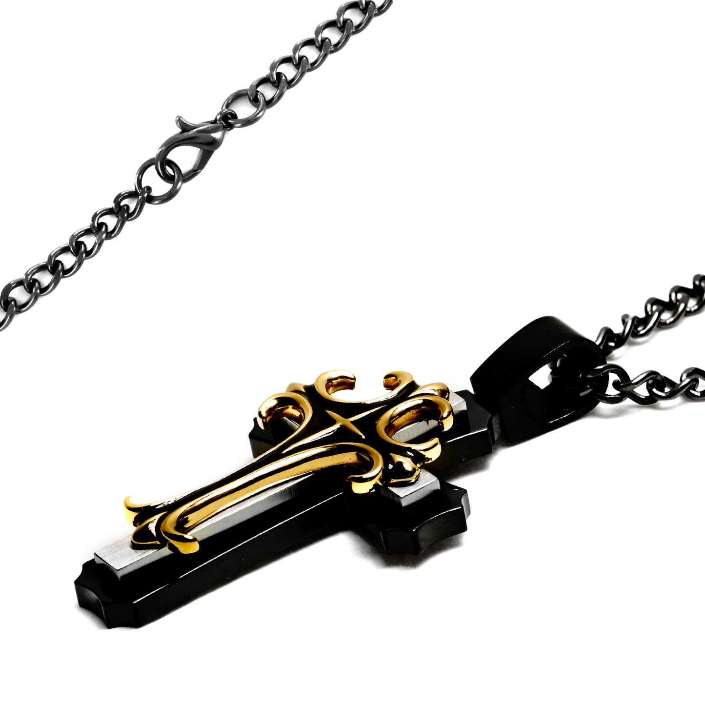 Men's Black Plated Two-Tone Stainless Steel Multi-Layered Cross Pendant Necklace