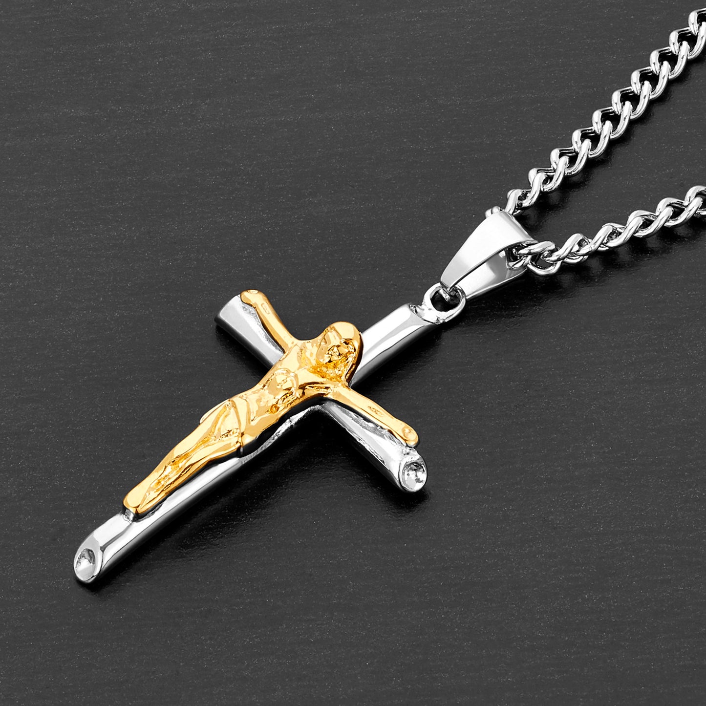 Men's Two-Tone Stainless Steel Crucifix Cross Pendant Necklace