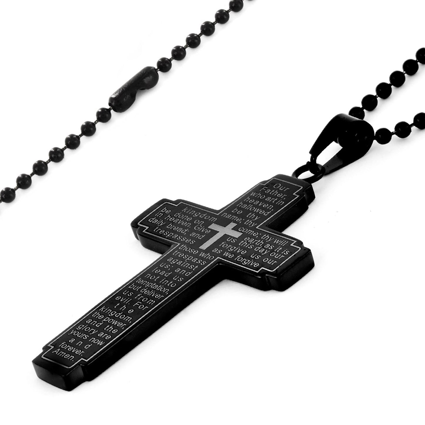 Men's Lord's Prayer Cross Black Plated Steel Necklace