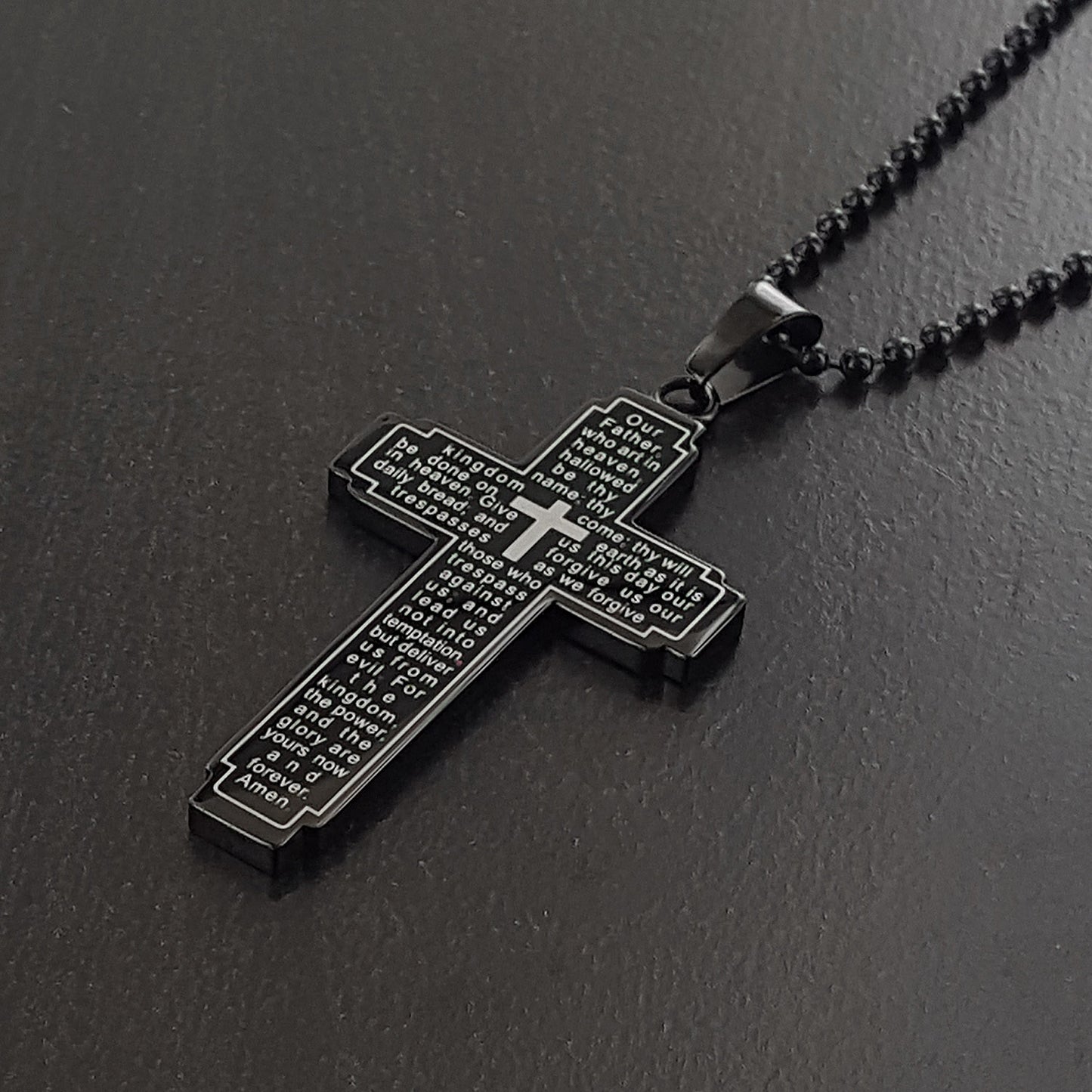 Men's Lord's Prayer Cross Black Plated Steel Necklace