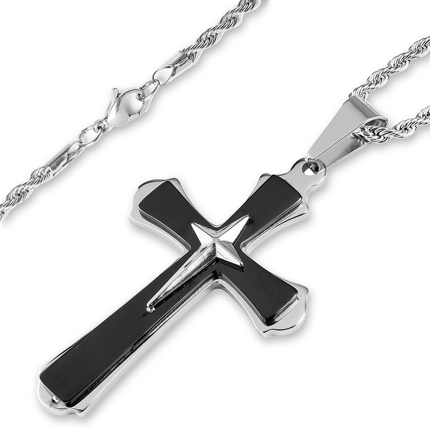 Men's Two-Tone Stainless Steel Flared Triple Layer Cross Pendant Necklace