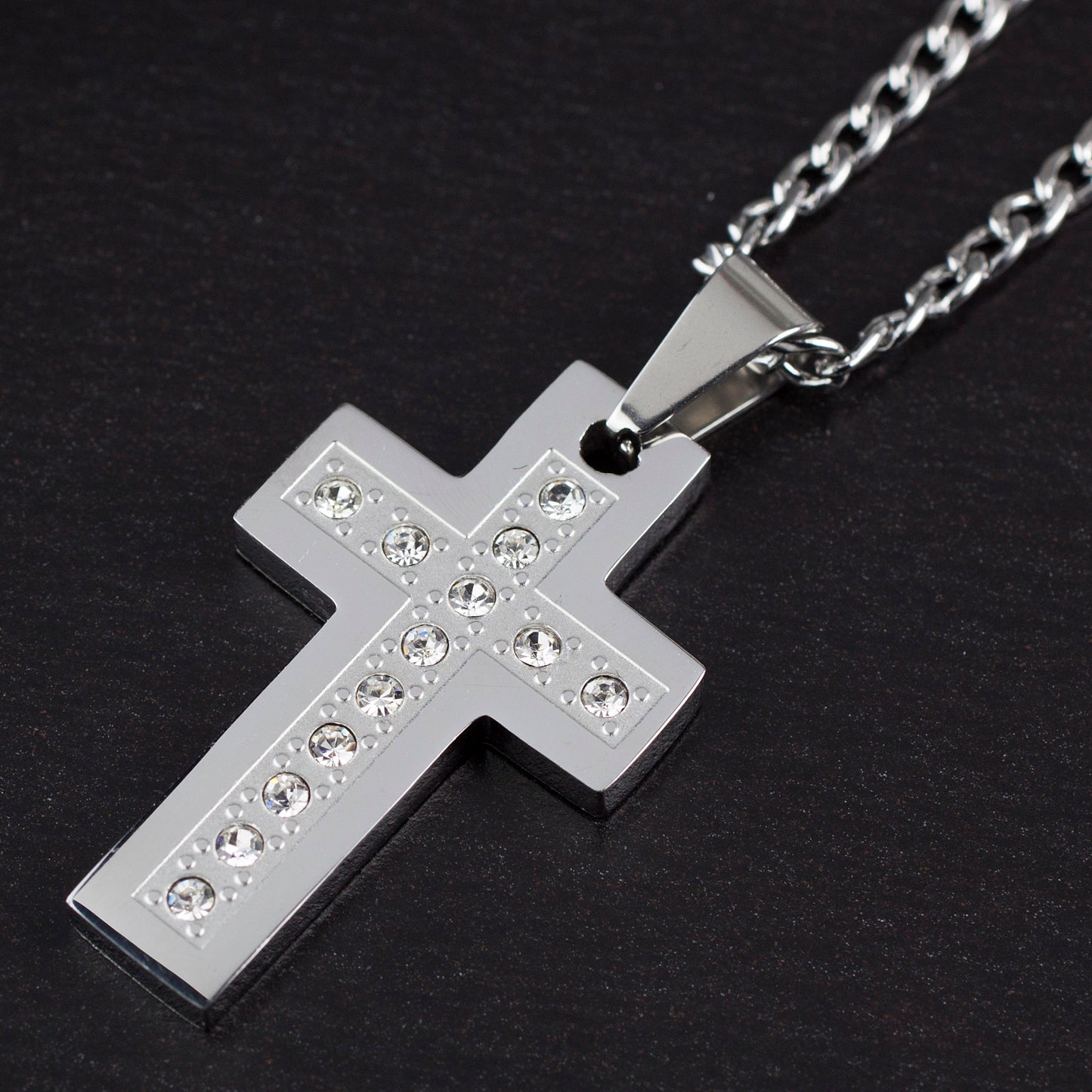 Men's Stainless Steel Polished Cubic Zirconia Cross Pendant Necklace - 24"