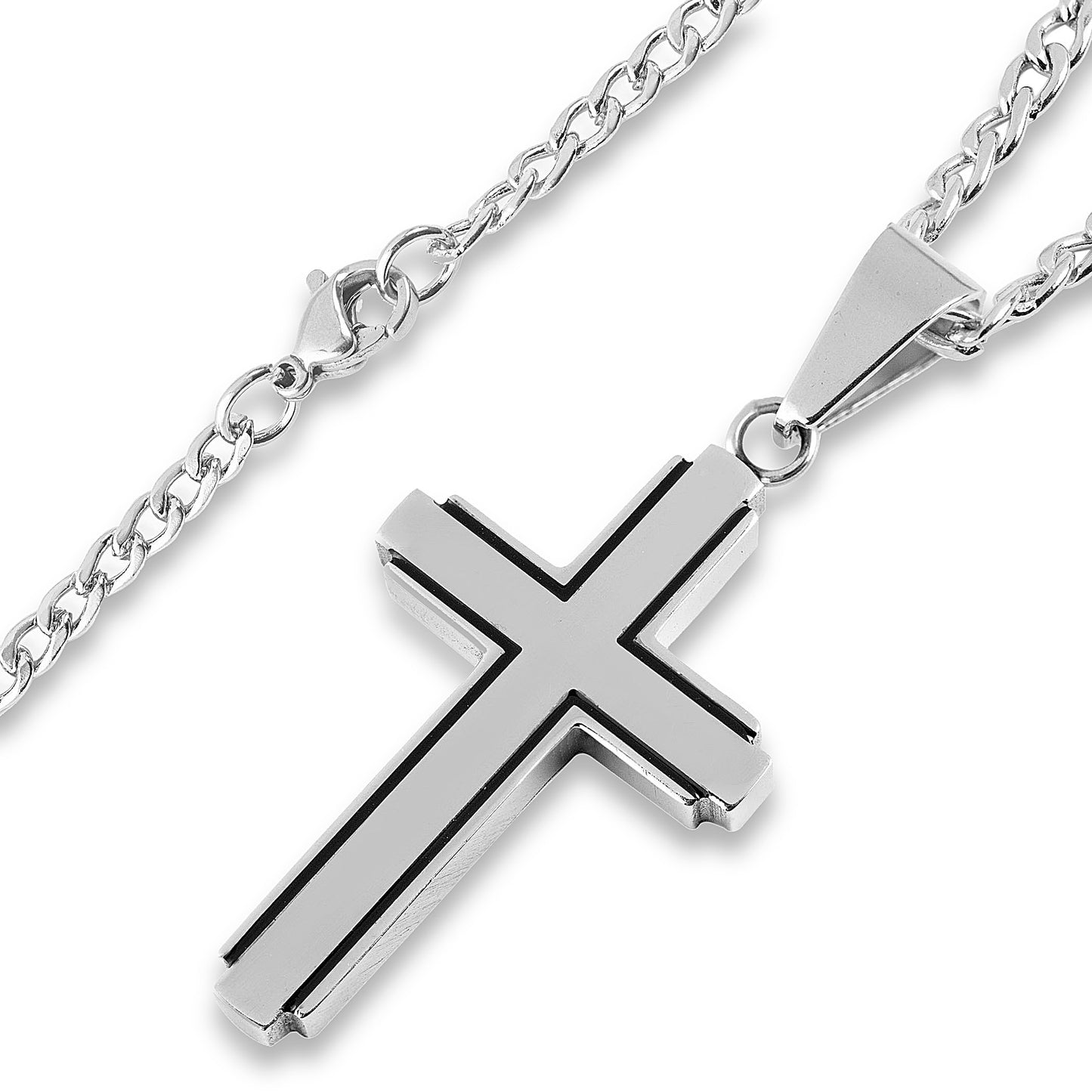 Men's Stainless Steel Polished Black Inlay Cross Pendant Necklace