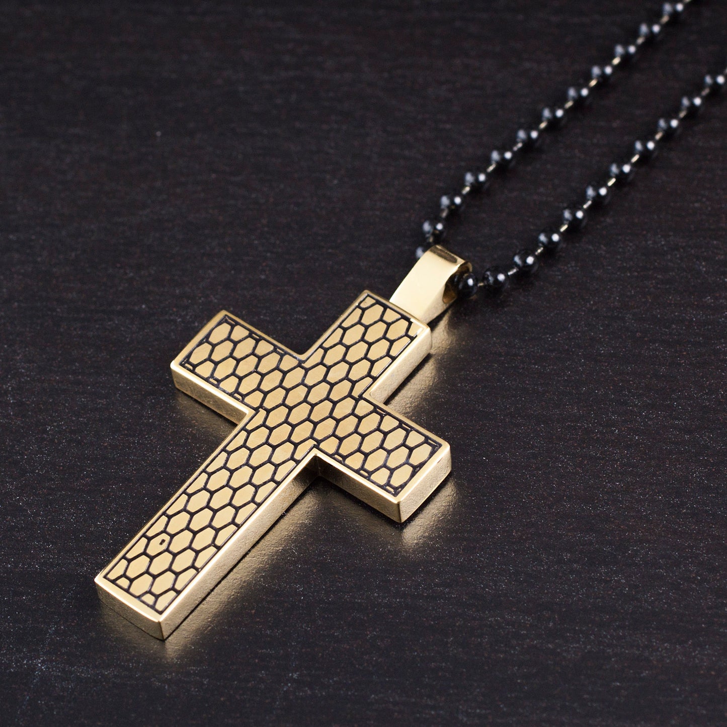 Men's Textured Cross Gold Plated Two-Tone Steel Necklace - 24"