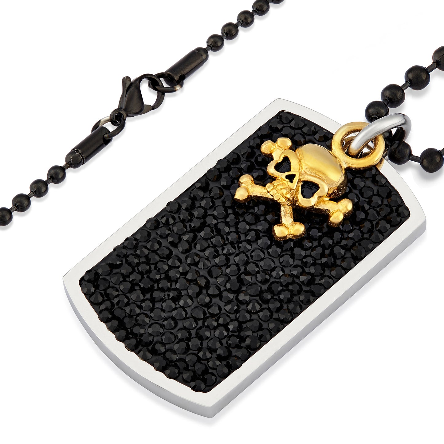 Men's Black Crystal Skull Charm Dog Tag Steel Necklace - 24"