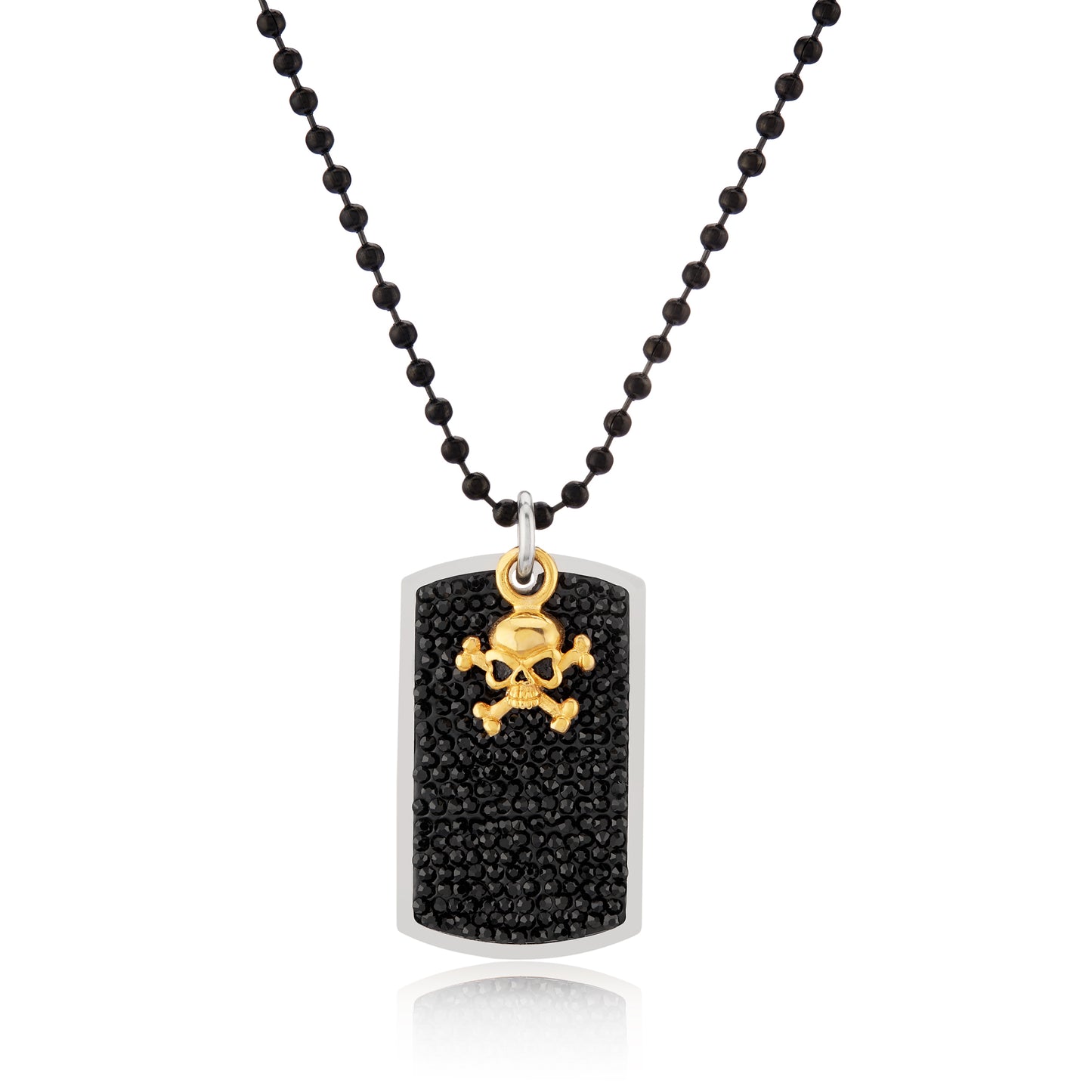 Men's Black Crystal Skull Charm Dog Tag Steel Necklace - 24"