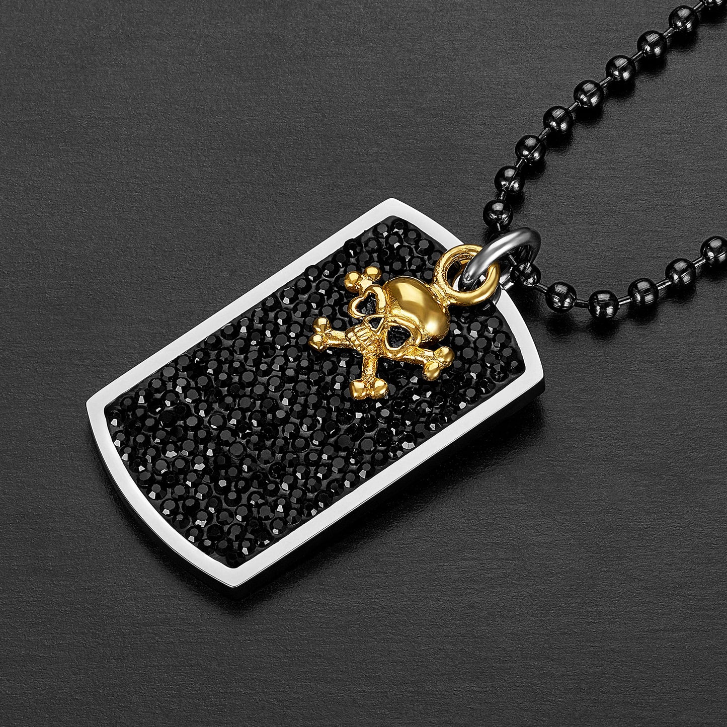 Men's Black Crystal Skull Charm Dog Tag Steel Necklace - 24"