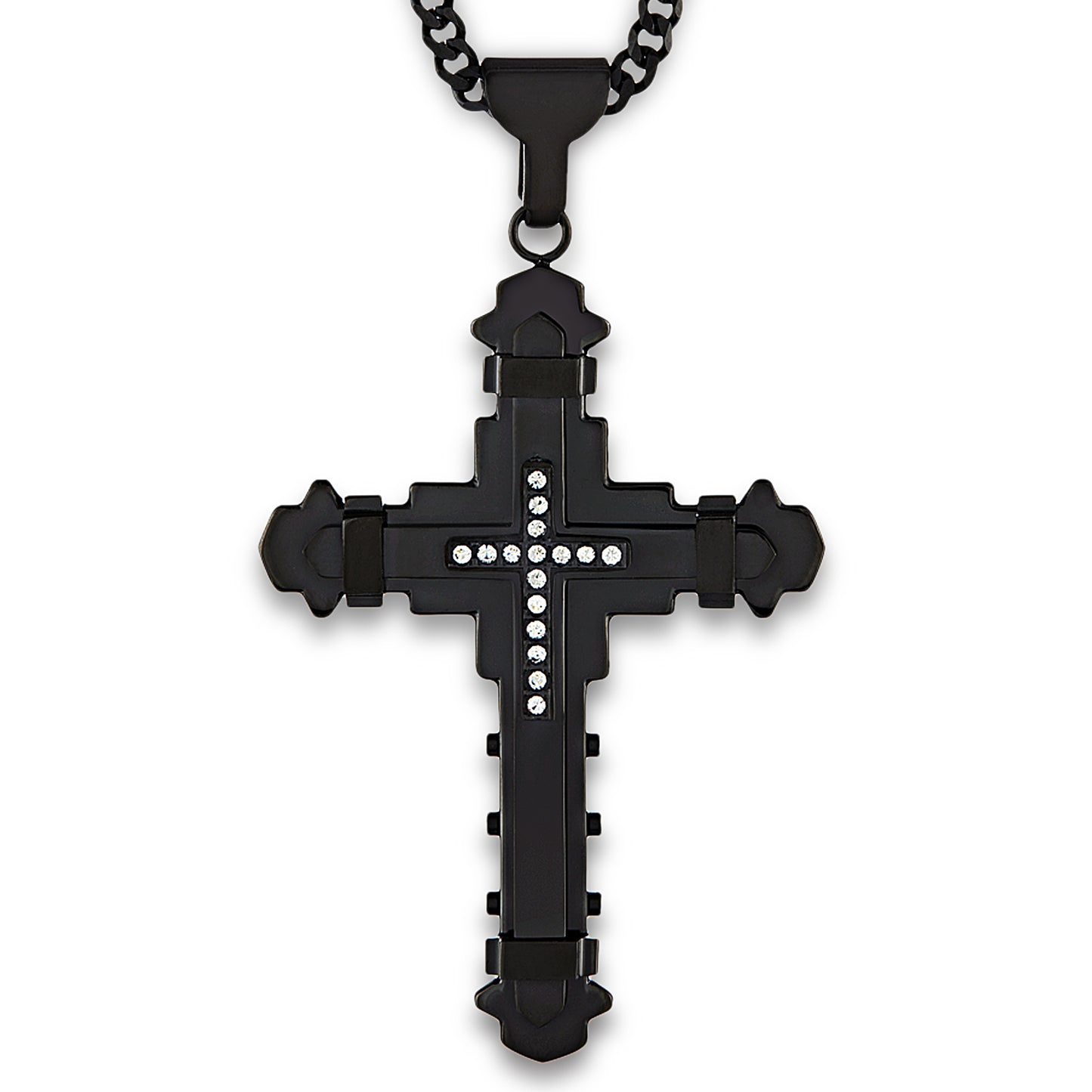 Crucible Jewelry Black Plated Stainless Steel Cubic Zirconia Cross Necklace