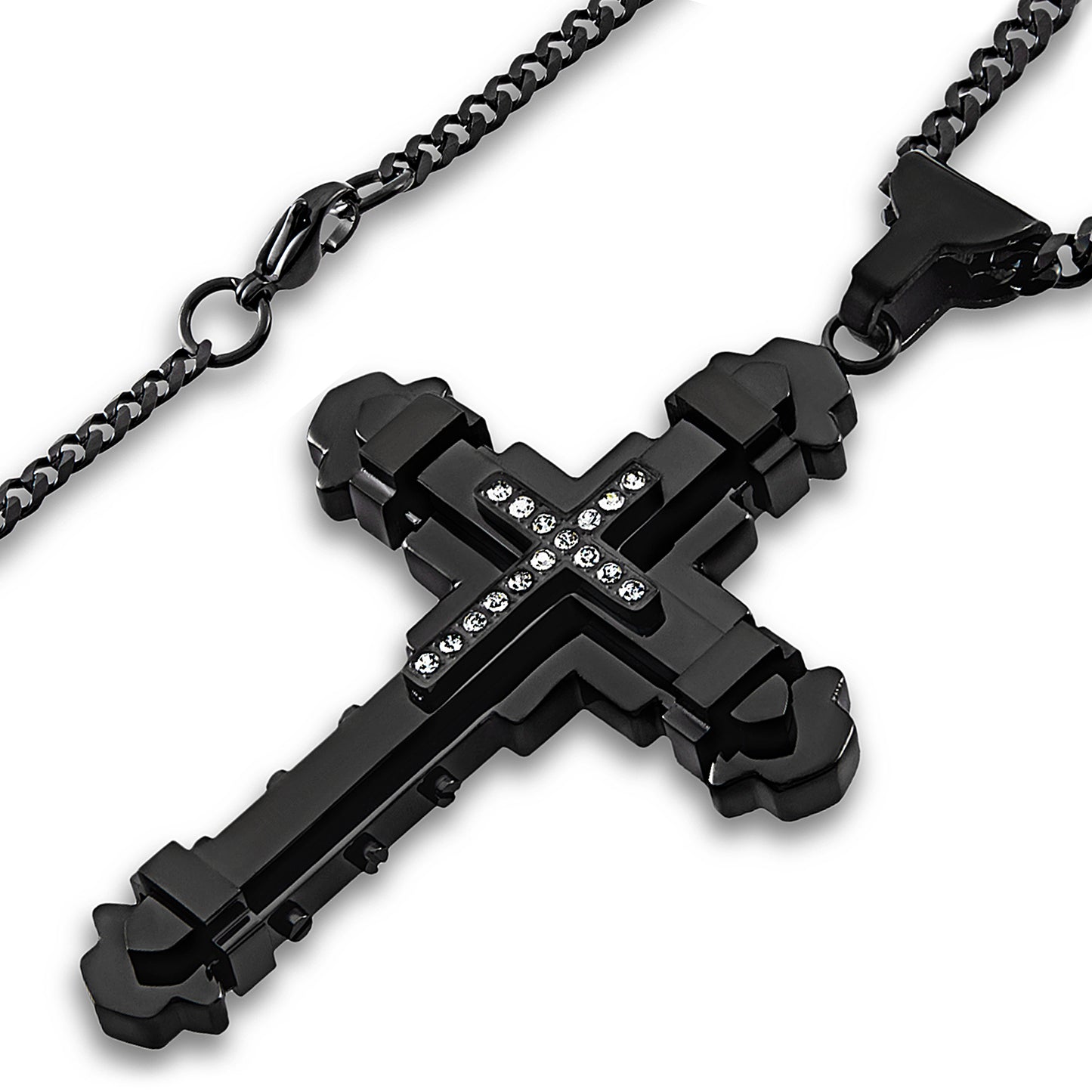 Men's Black Plated Stainless Steel Cubic Zirconia Cross Pendant - 24"
