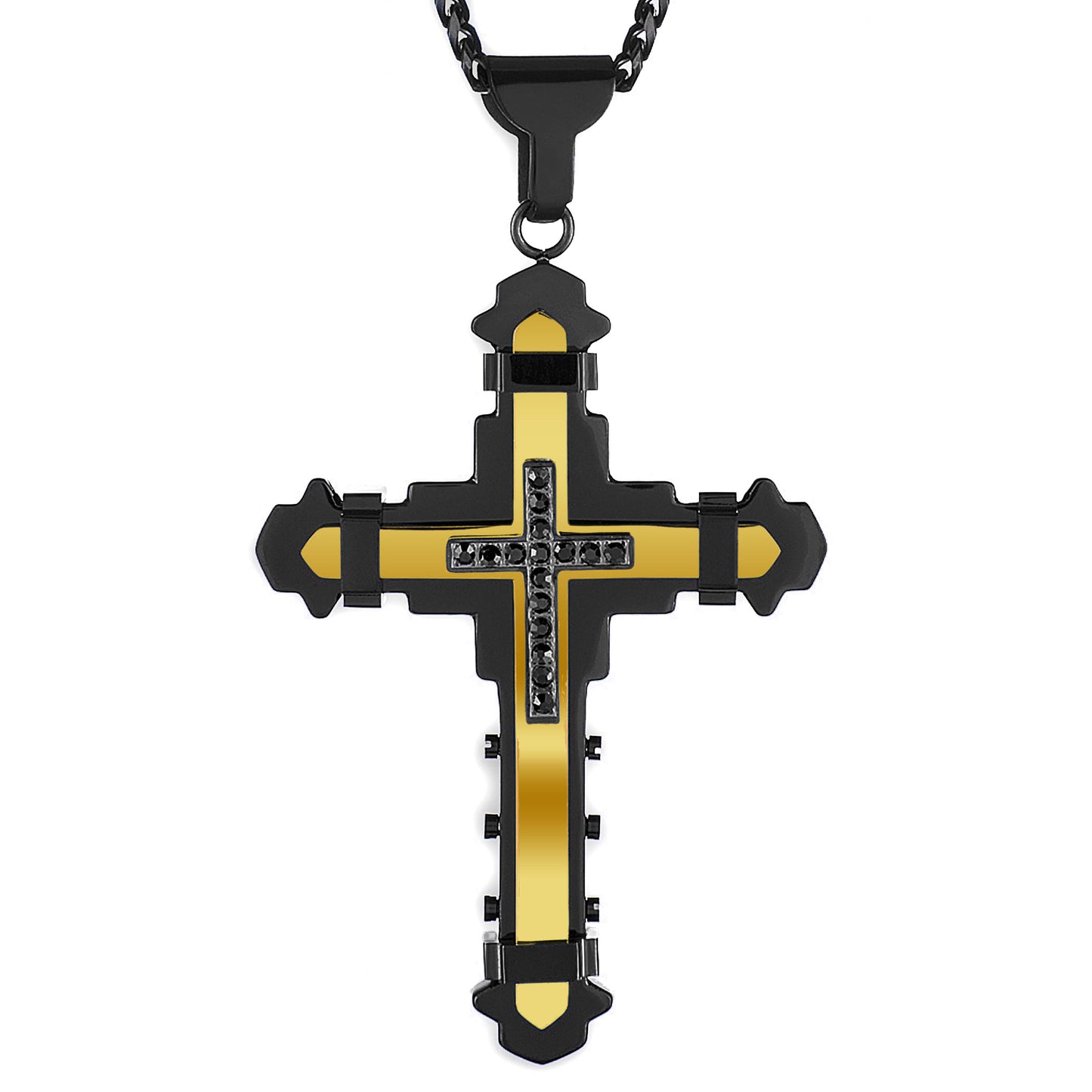Men's Black Plated Stainless Steel Cubic Zirconia Cross Pendant - 24"