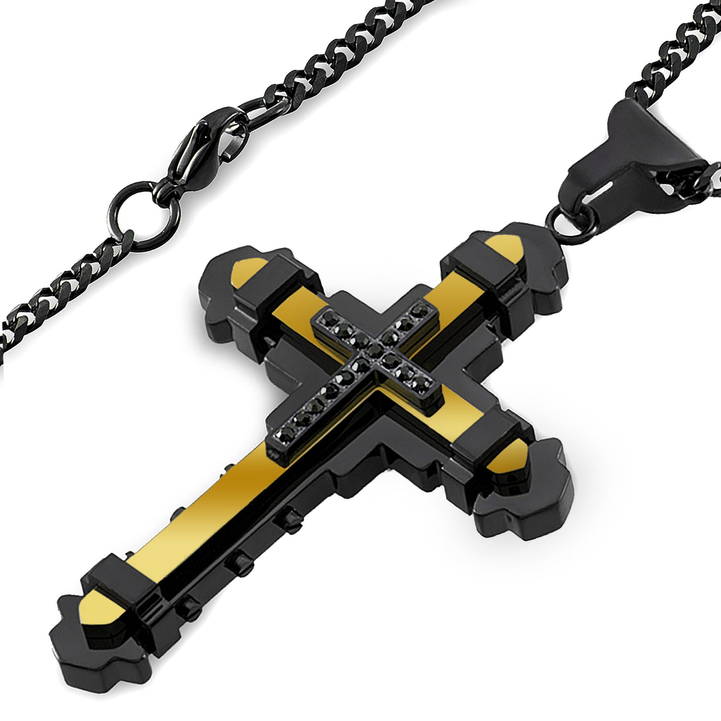 Men's Black Plated Stainless Steel Cubic Zirconia Cross Pendant - 24"