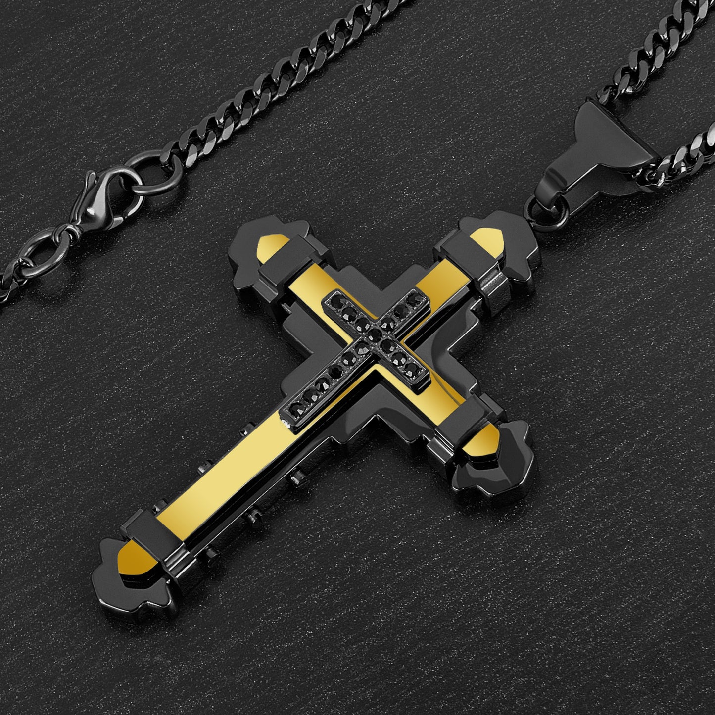 Men's Black Plated Stainless Steel Cubic Zirconia Cross Pendant - 24"