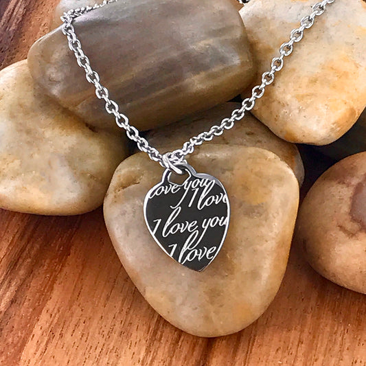 ELYA Women's 'I Love You' Engraved Heart Steel Necklace - 19"