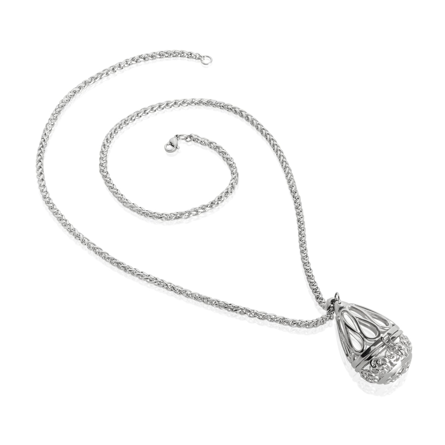 ELYA Women's Polished Open Floral Teardrop Locket Steel Necklace