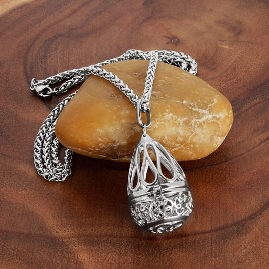 ELYA Women's Polished Open Floral Teardrop Locket Steel Necklace